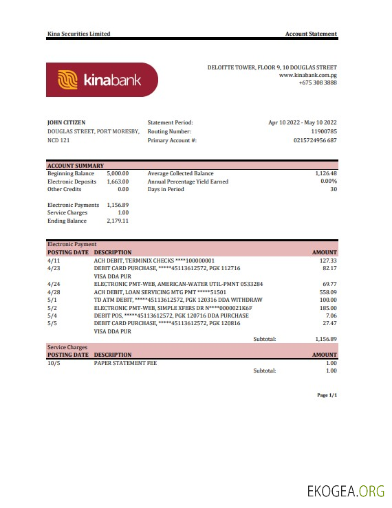 Modèle Excel et PDF de relevé bancaire de Papouasie Nouvelle Guinée Kina Securities Limites